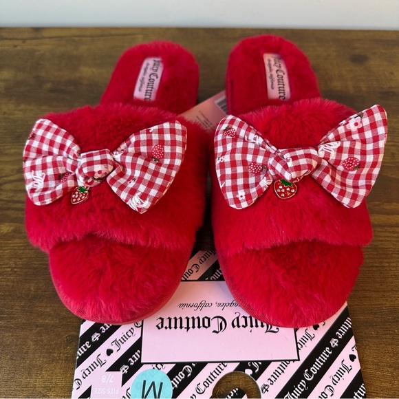 New Juicy Couture 7-8 Red Plaid Strawberry Bows Slippers Shoes Faux Fur Soft - Picture 3 of 3